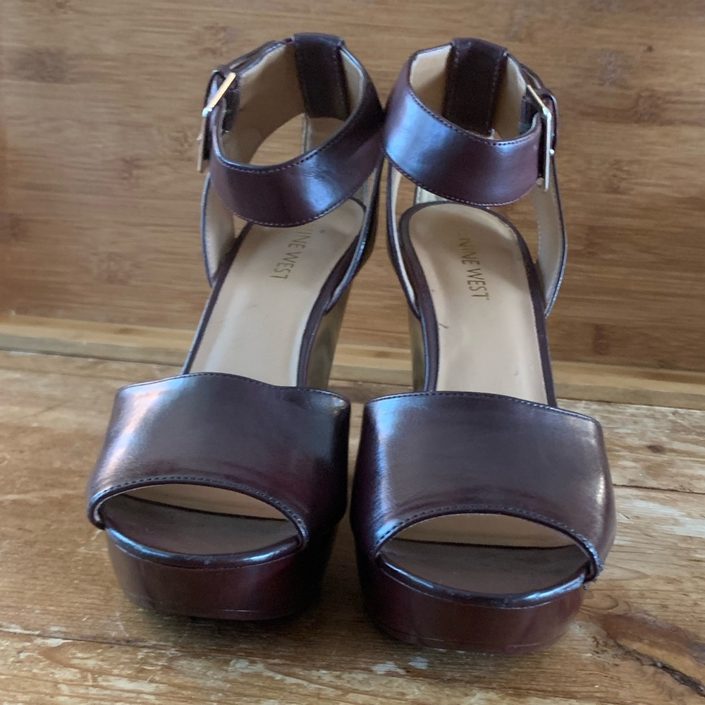 Nine West, Womens, Wedge, Brown, Size 8, Ankle Buckle, 5” Heel, Open Toe.